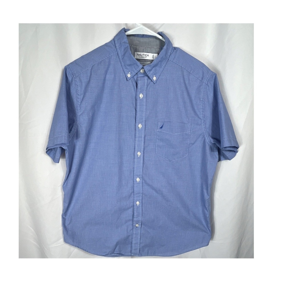 Nautica Men's‎ L Short Sleeve Cotton Blue Check Classic Fit Button-Down Shirt